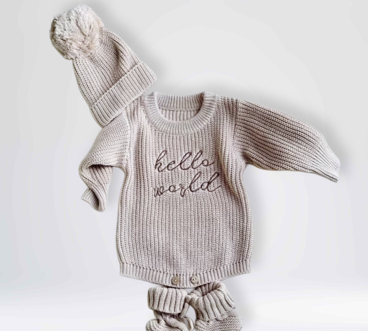 Gebreide Pasgeboren Baby Romperset met lange mouwen, sokken en mutsjes