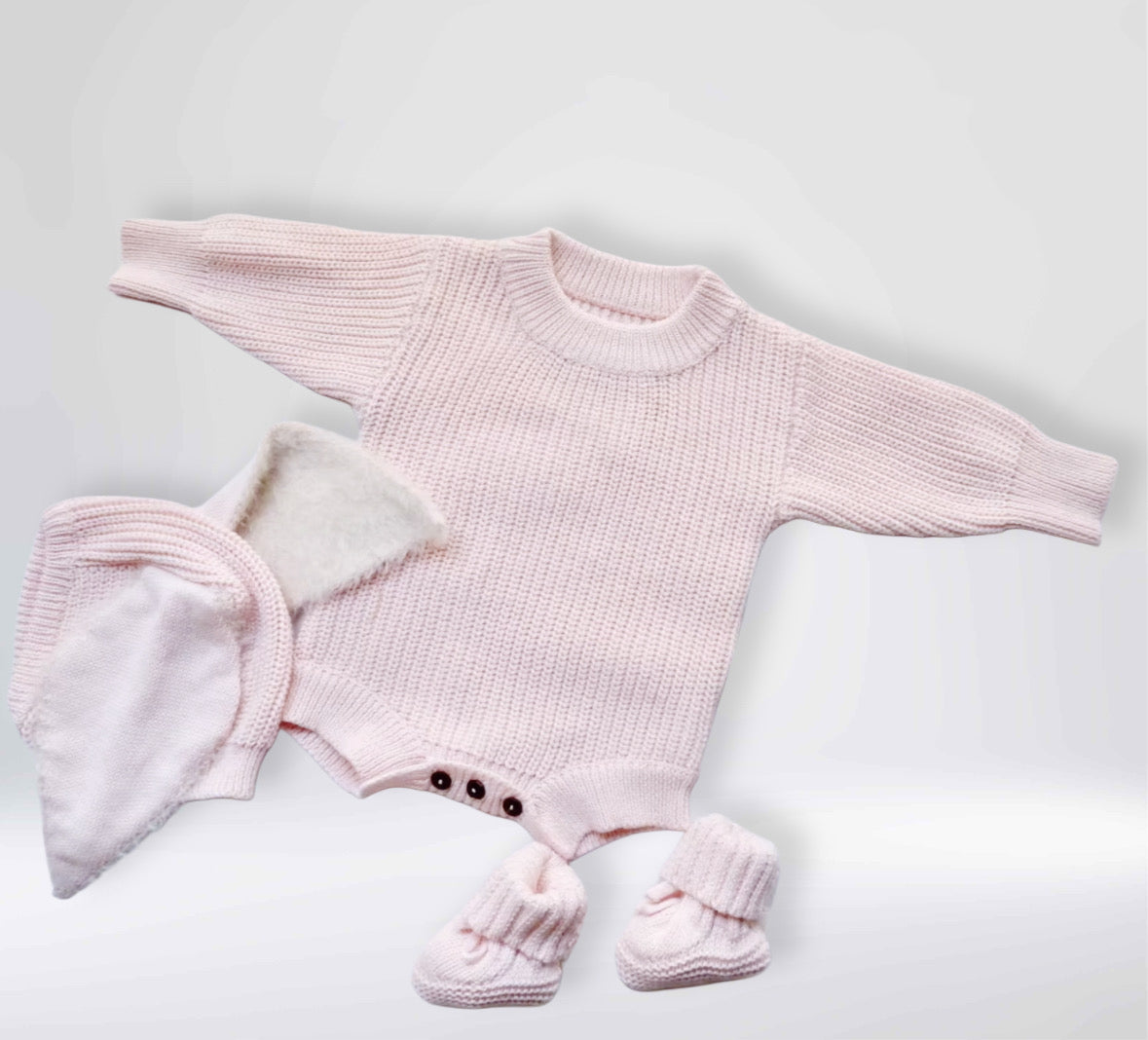 Gebreide Pasgeboren Baby Romperset met lange mouwen, sokken en mutsjes