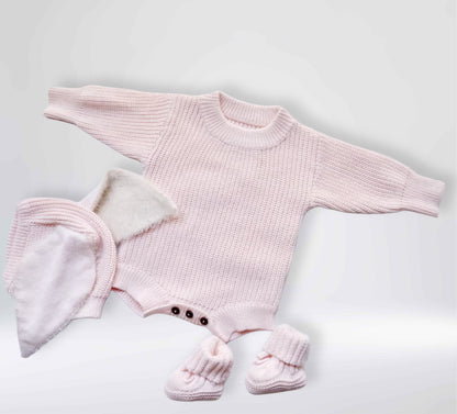 Gebreide Pasgeboren Baby Romperset met lange mouwen, sokken en mutsjes