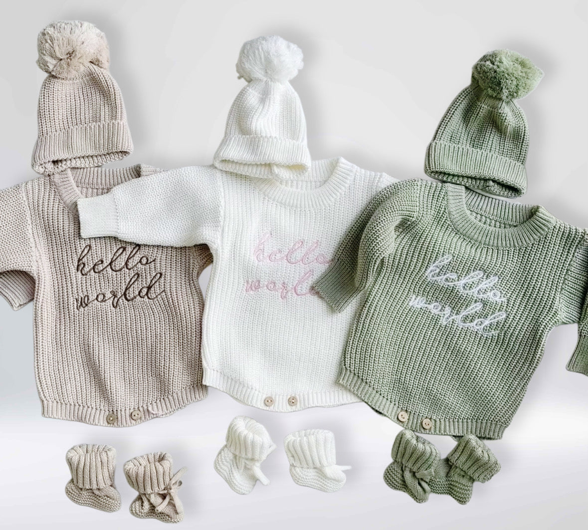 Gebreide Pasgeboren Baby Romperset met lange mouwen, sokken en mutsjes