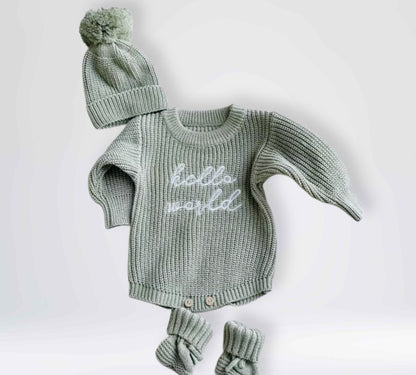 Gebreide Pasgeboren Baby Romperset met lange mouwen, sokken en mutsjes
